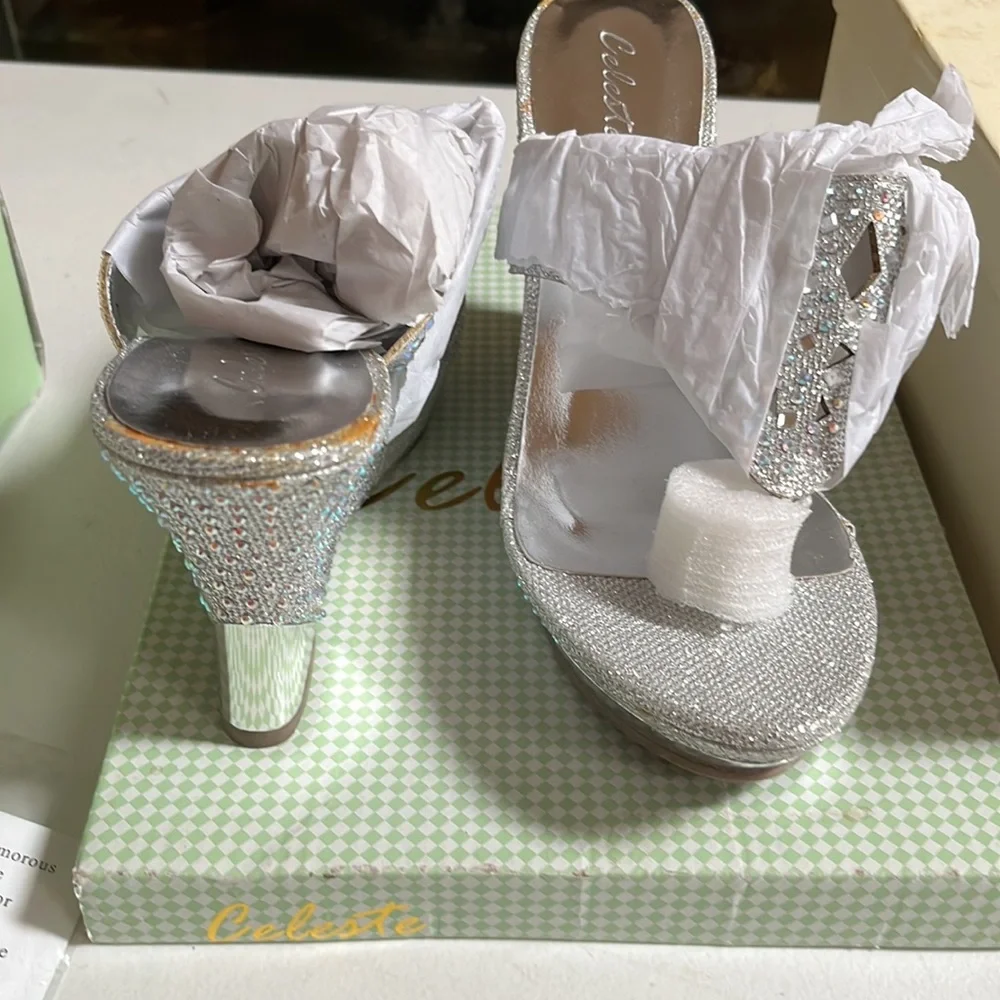 Celeste size 10 silver embellished sandal Extra sequins 3.5”wedge heel
